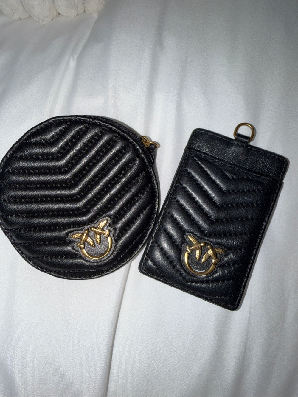 Pinko Black Quilted Leather Round Coin Pouch & Card Holder with Gold Hardware
